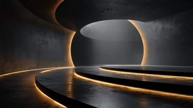 Futuristic curved interior with glowing amber lines
