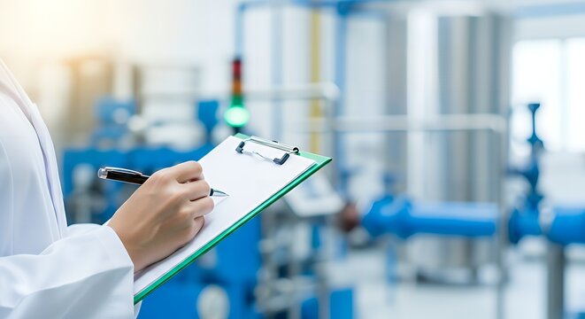 Scientist in lab coat writing on clipboard in a modern laboratory area