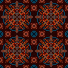 thai art pattern,brown, orange, blue curves ,painted create to flowershape, leaves, black background in geometric patterns as sarong,fabric,tile,printed fabric,batik,tablecloth patterns.