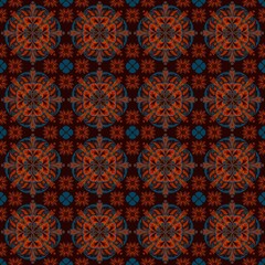 thai art painting,brown, orange, blue curves ,painted create to flowershape, leaves, black background in geometric patterns as sarong,fabric,tile,printed fabric,batik,tablecloth patterns.