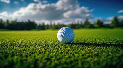Golf ball on a lush green fairway under a partly cloudy sky