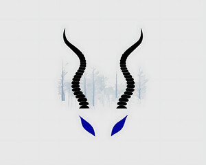 Dark figure with deer arching , like a devils type horns glows red amid foggy leafless forest, terrible, flat graphic style.