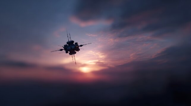 A detailed futuristic spacecraft with complex hinery and antennae navigates the sky at dusk amidst vibrant colorful clouds and diffused sunlight