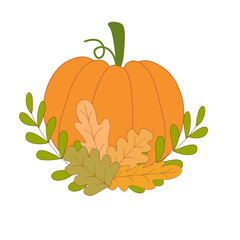 Pumpkin with leaves element hand drawn illustrations for greeting card thanksgiving fall autumn 