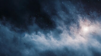 Obraz premium A solitary communication tower silhouetted against a swirling star filled cosmic nebula with atmospheric glow