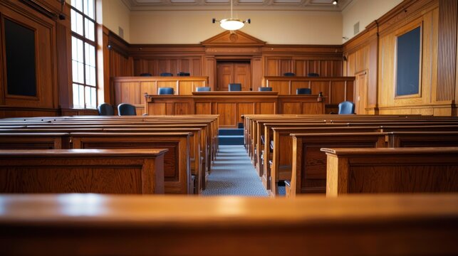 An empty courtroom with wooden benches and a judge's bench in the background.