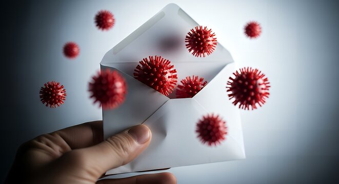 Infected mail concept, red virus cells emerging from white envelope, contaminated letter delivery
