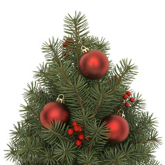 Close up of a decorated christmas tree top with red baubles and pinecones against a dark background