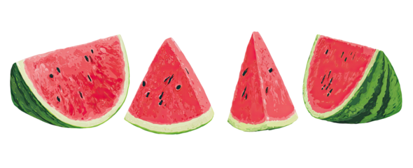 Four triangular watermelon slices, vibrant red flesh with black seeds, outlined in green rind
