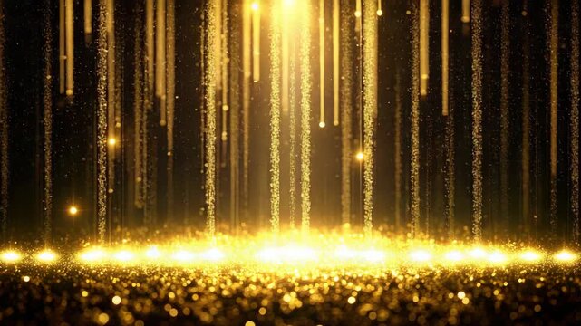 Elegant golden rain of light and glitter particles falling onto a surface, creating a glamorous glowing stage effect in a dark environment