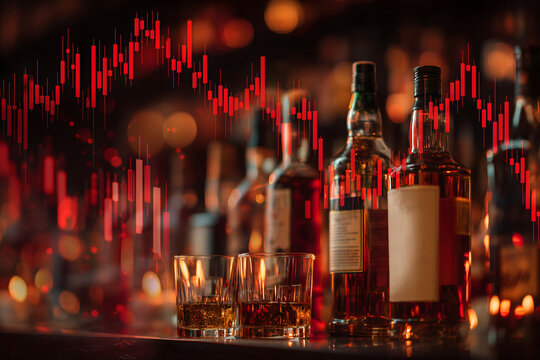The alcohol market is facing a downturn, with declining sales and falling stock performance. Dramatic candlestick chart background reflects crisis and industry uncertainty.