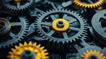 A close-up of a mechanical gear system with black and yellow gears, set against a dark background.