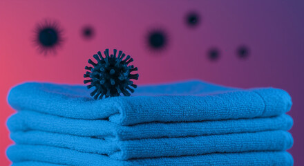 Virus on Towels: Germs, Bacteria, & Infection Risk. Cleanliness & Hygiene Concept. Blue Towel Stack. Health & Safety. Stock Photo.