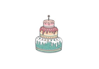 Three tiered birthday cake illustration with candle and festive decorations on white