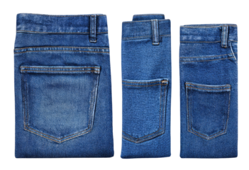 Three pairs of folded blue jeans, back pockets, denim