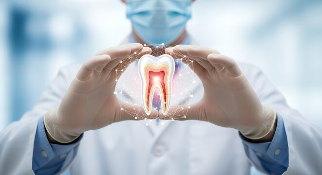 Dentist holding a tooth model with digital network in a dental clinic - Powered by Adobe