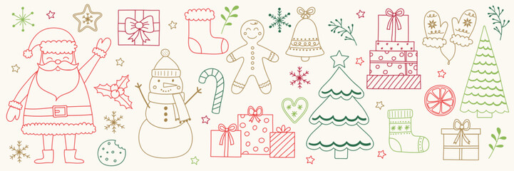 Set with cute cartoon Christmas decorations. X-mas clip arts: Santa Claus, snowman, cookie and tree. Vector illustration