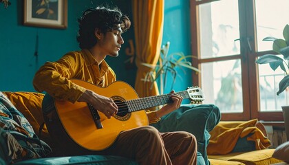 Musician Tuning Vintage Guitar in Teal and Mustard Living Room