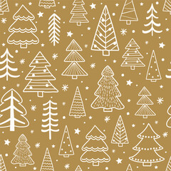 Cute Christmas pattern with colourful trees and snowflakes. Wallpaper concept. Vector illustration