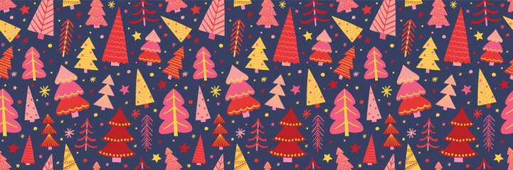 Colourful Christmas seamless pattern with cartoon trees and snowflakes. Wallpaper design. Vector illustration