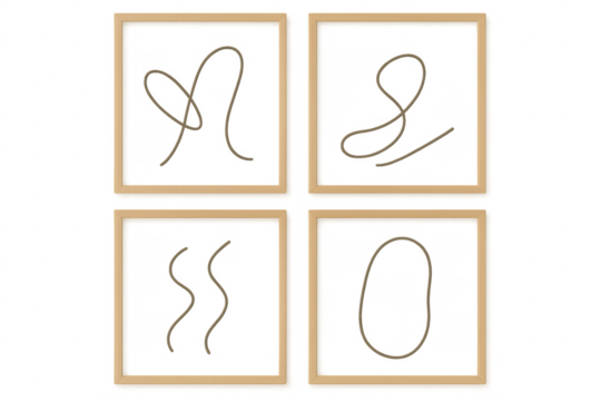 Four frames with abstract string art on transparent background