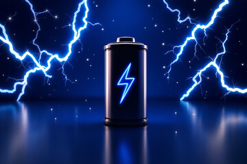 Battery Power Energy Concept: Electric Lightning Bolt, Dark Blue Background, High Voltage, Futuristic Technology, Digital Illustration