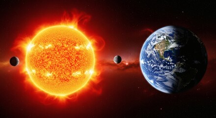 Obraz premium Suns Fiery Embrace Earth and Celestial Bodies Dancing in Space.