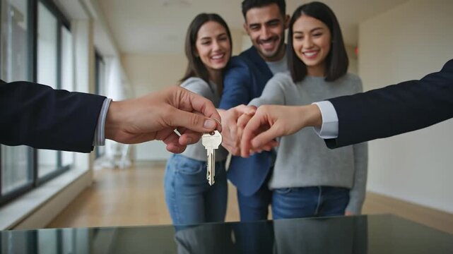 Happy Couple Receives Keys to Their New Home from Real Estate Agent, Celebrating a Successful Property Purchase or Rental Agreement in a Modern Apa... - Powered by Adobe