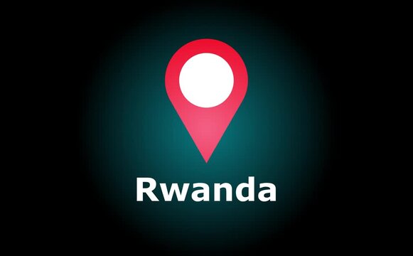A digital image showing rwanda with a red location pin on a dark teal and black gradient background
