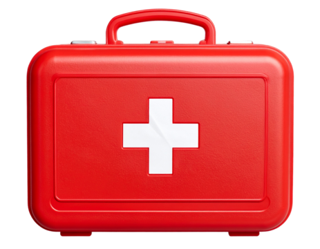 Classic Red First Aid Kit Front View, Closed, Isolated on Transparent Background