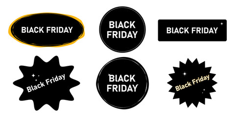 A set of black stickers with the inscription Black Friday. Minimalistic design with an emphasis on discounts and sales. Perfect for banners, advertising, social media, online stores promotional design