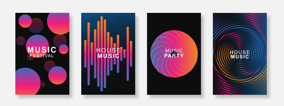 Minimalist music party poster background set. Sound cover template with geometric gradient design. Suitable for festival, club, social media, banner. Vector