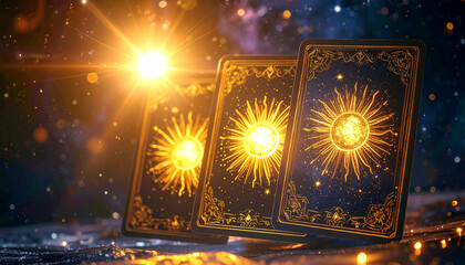 Tarot cards glowing with golden sun symbols and ornate esoteric frames, starry cosmic background