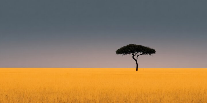 Solitary tree against golden field serene landscape nature photography calm environment minimalist view - Powered by Adobe