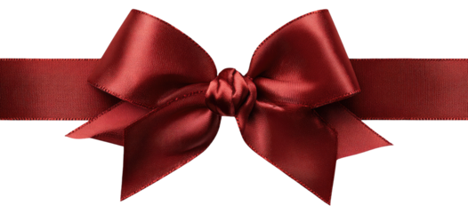 A rich, maroon-red satin ribbon bow, elegantly tied, sits atop a horizontal ribbon