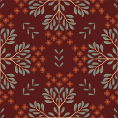 Seamless design of flowers and rhomboids in red and turquoise tones.