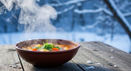 A bowl of hot soup with steam rising, placed on a wooden table outdoors in a snowy landscape.