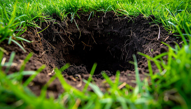 Circular hole in ground, fresh green grass, dark rich soil and roots, natural daylight, earthy tones