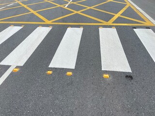 Road Lane Markings and Reflective Cat&rsquo;s Eyes on Asphalt Highway