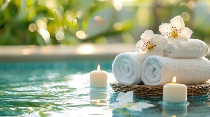 A serene spa setting with white towels, candles, and flowers in a pool.