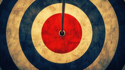 A dartboard with a red bullseye in the center, surrounded by concentric circles of blue and white, with a black dart in the bullseye.
