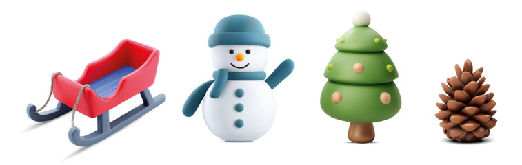 Holiday Winter 3D Objects Snowman Sled Evergreen Pinecone