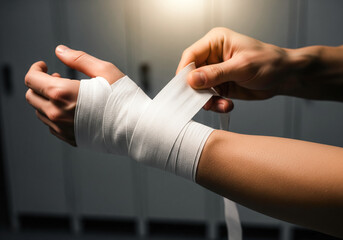 Close up hands applying bandage on injured wrist medical first aid care treatment wound support healthcare emergency wrap protection elastic band trauma recovery