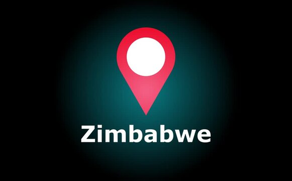 Illustration of a red map pin with white circle over the word zimbabwe on a dark background