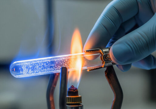 Close up scientist hands in nitrile gloves heating glass test tube over micro flame chemical reaction sterile lab bench high accuracy research copy space - Powered by Adobe