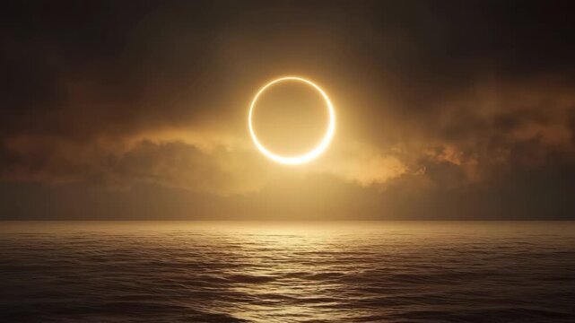 Solar eclipse over ocean with dramatic sky