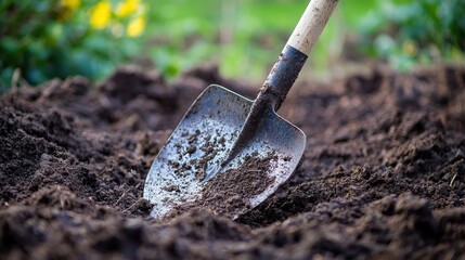 A shovel in a pile of dirt with a wooden handle.