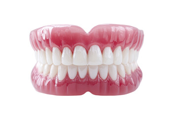 Obraz premium Close-up of a full set of upper and lower dentures, showing even, white teeth set within a pink gumline