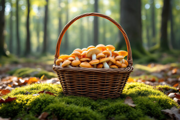 Basket of Chanterelle Mushrooms in Forest: Golden Edible Fungi Harvest, Autumn Foraging, Woodland Scene, Nature Photography