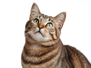 A close-up portrait of a cute striped domestic cat looking up, isolated on white background, symbolizing curiosity and pet charm